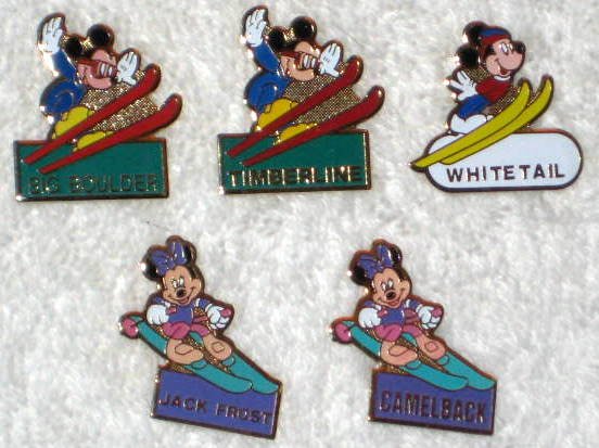 Mickey &amp; Minnie Mouse Metal Ski Pins Lot of 5 Skiing Monogram Products