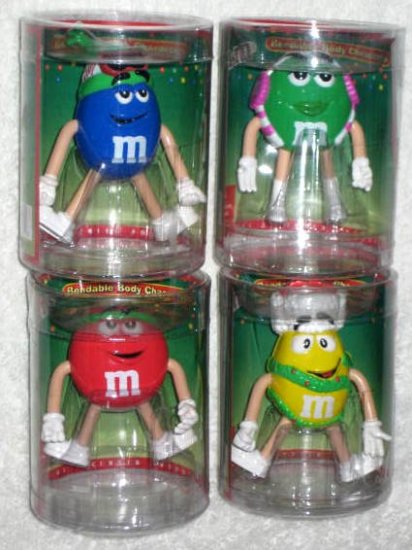 M&M's Candies Bendable Body Characters Christmas Holiday Set of 4 Green Blue Red Yellow Plain Peanut