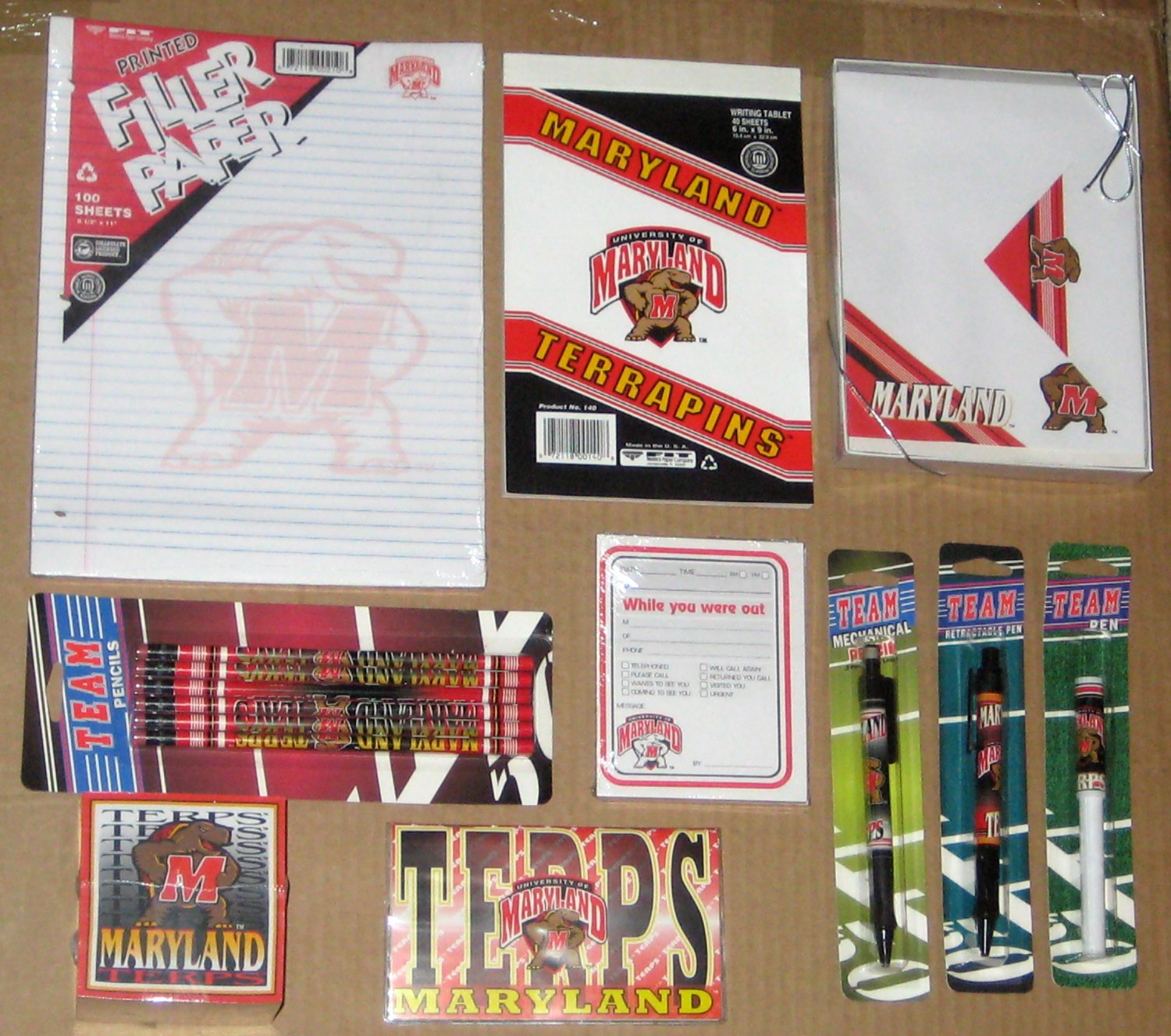 University of Maryland Terrapins Terps Stationery Lot Car Flag Pens Pencils Notepad Paper NEW