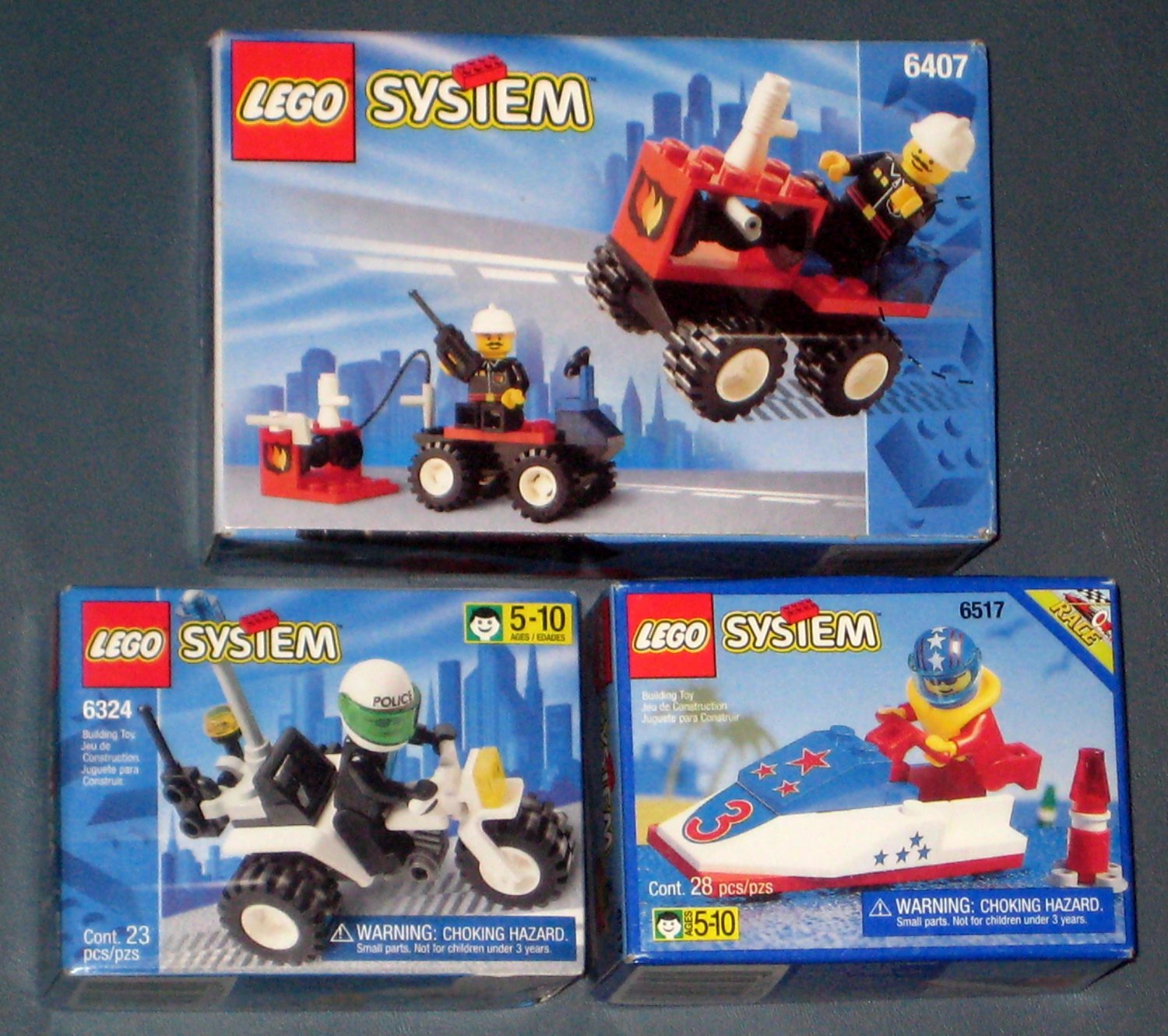 Lego System 6407 Fire Chief 6324 Chopper Cop 6517 Water Jet 3