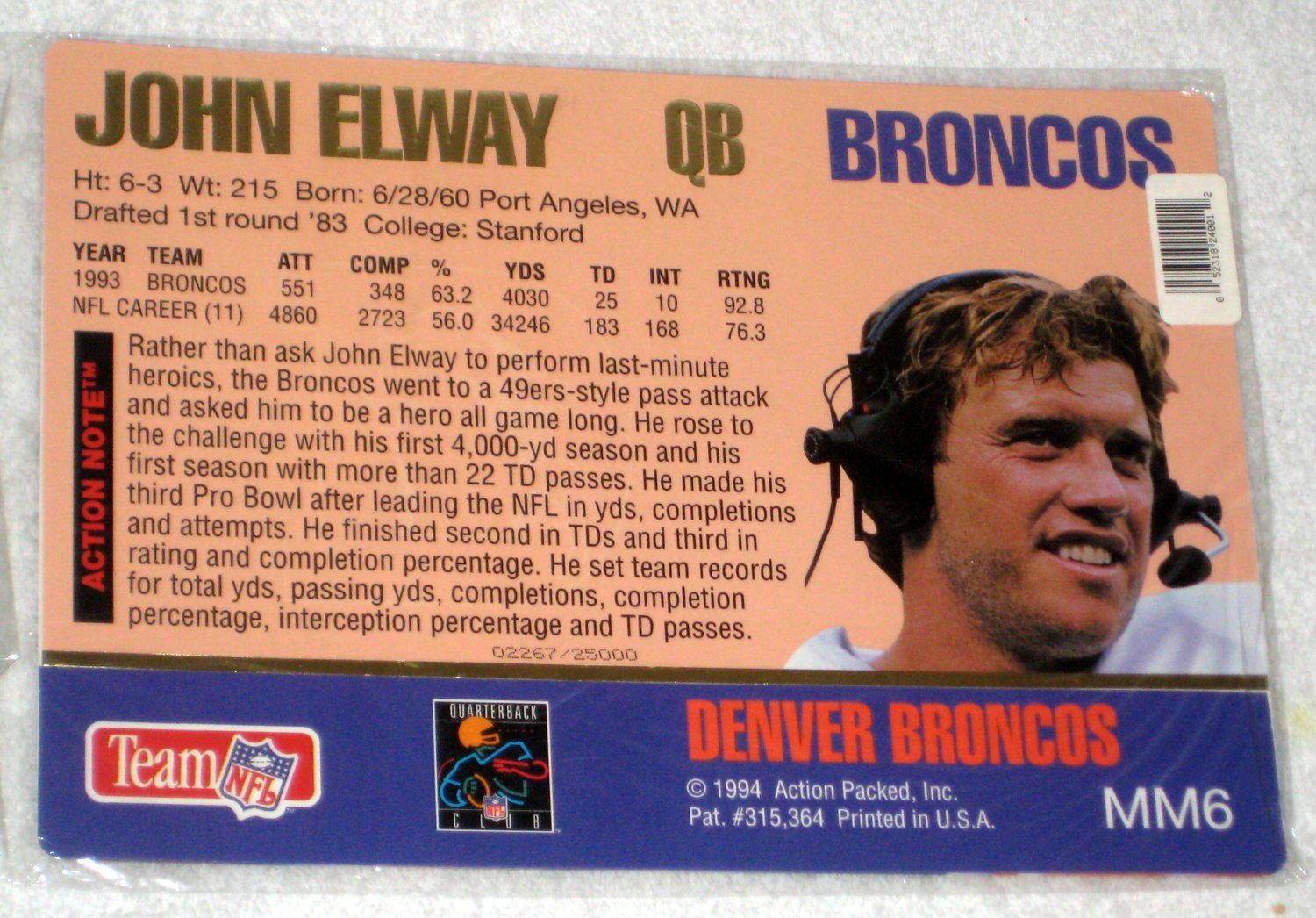 John Elway Action Packed Football Mammoth Card MM6 Factory Sealed 1994 