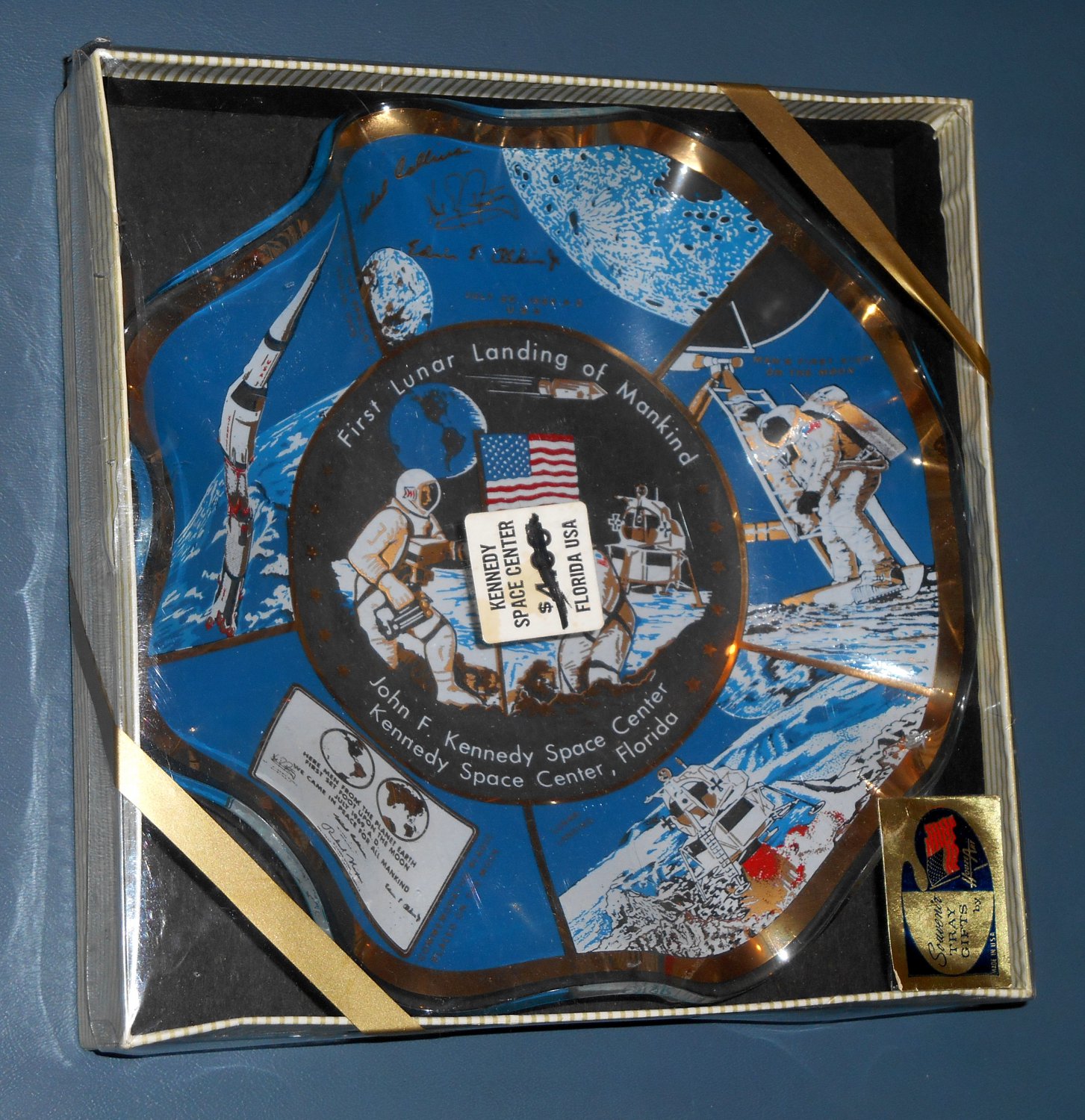 First Lunar Landing of Mankind Souvenir Glass Dish Apollo 11 Armstrong Houze Art NASA 1969 NIB