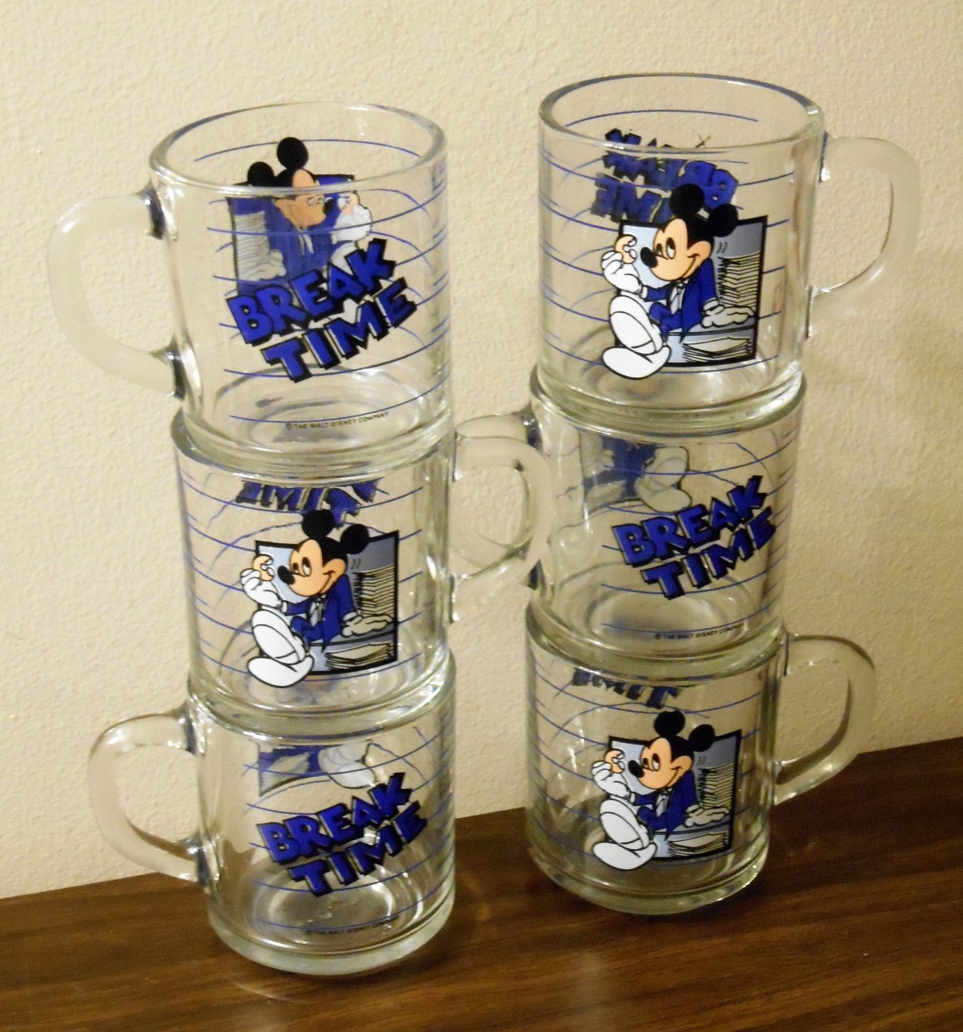 Mickey Mouse Anchor Hocking Coffee Mug Lot of 6 Break Time 3Â½ Inch Clear Glass Handled Walt Disney