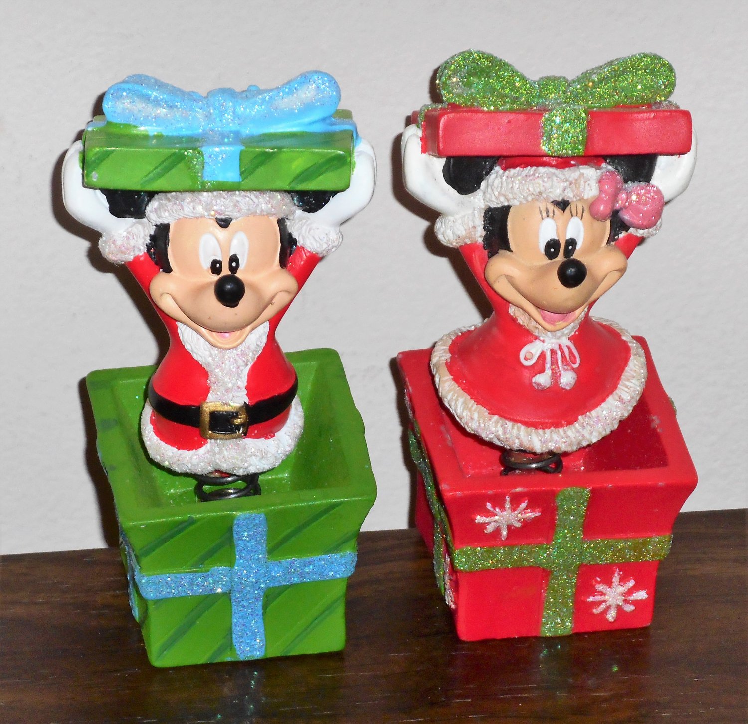 Santa Claus Mickey and Minnie Mouse Christmas Present Bobble Figures Resin Springy Atico