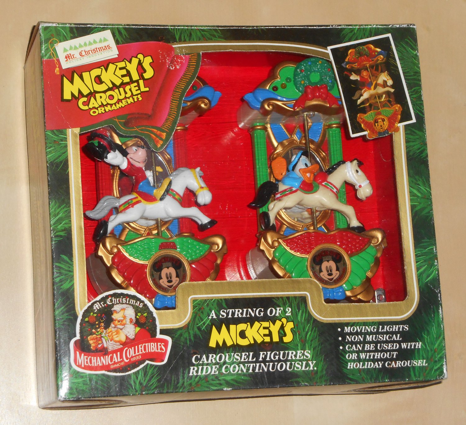 Mr Christmas Mickey's Holiday Carousel Ornaments String of 2 Mickey Mouse Donald Duck 1993