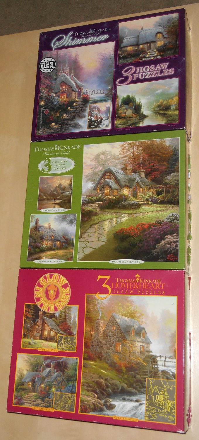 Thomas Kinkade Jigsaw Puzzle Lot of 8 Ceaco 500 300 100 Piece GITD Shimmer COMPLETE