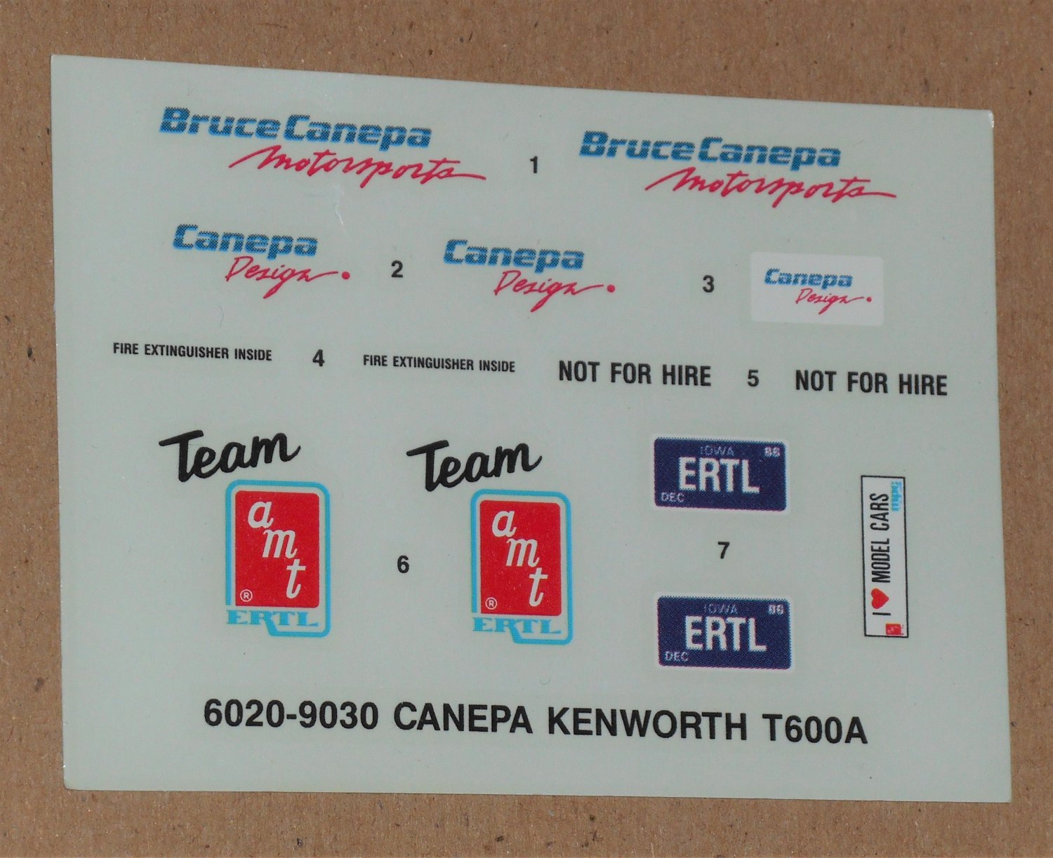 Lot Fifteen - Replacement Part Decals AMT ERTL 1/25 Scale Canepa Kenworth T600A Model Kit 6020 1990