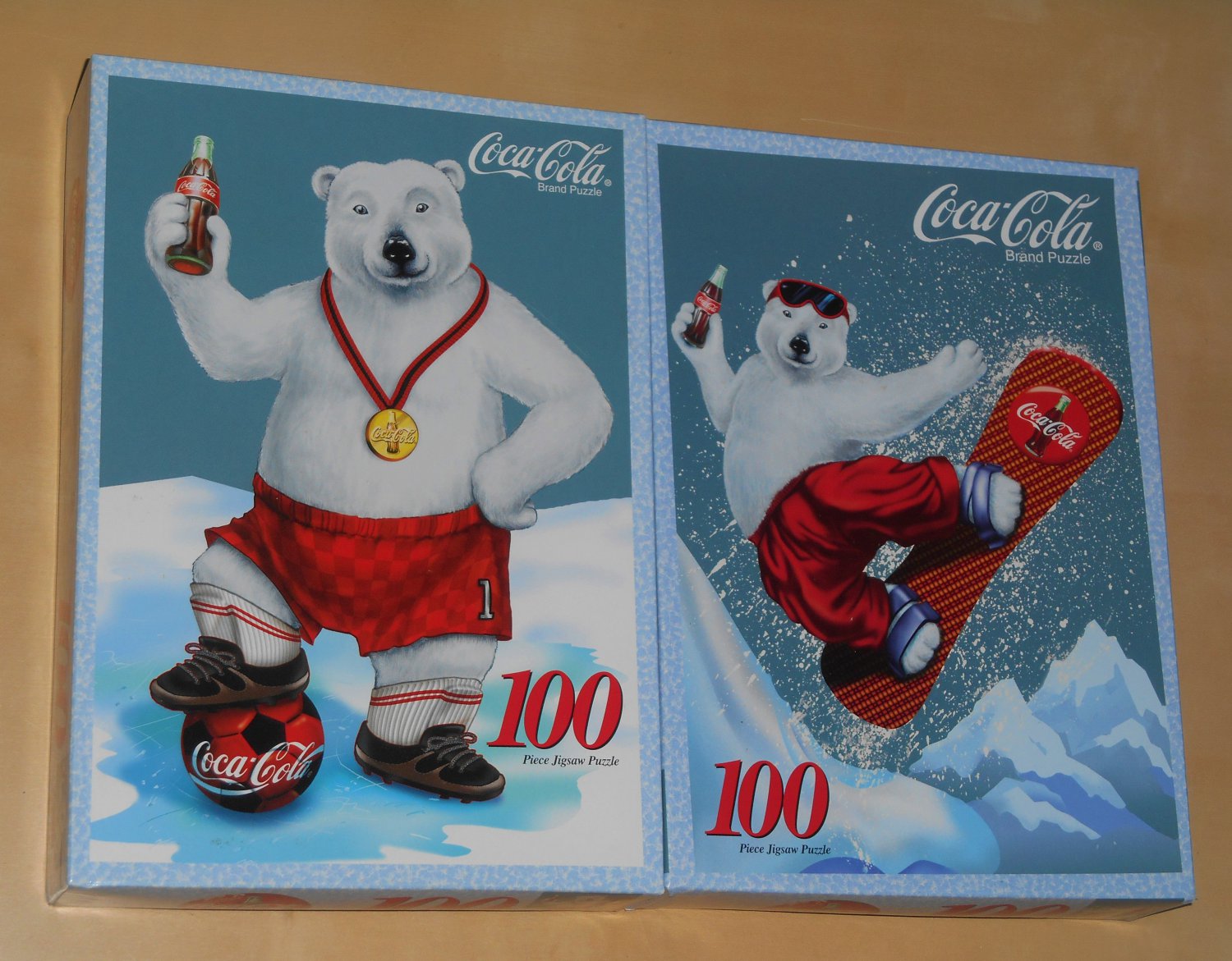 Coca Cola Polar Bear 100 Piece Jigsaw Puzzle Lot of Two Soccer Snowboard 08561 NIB