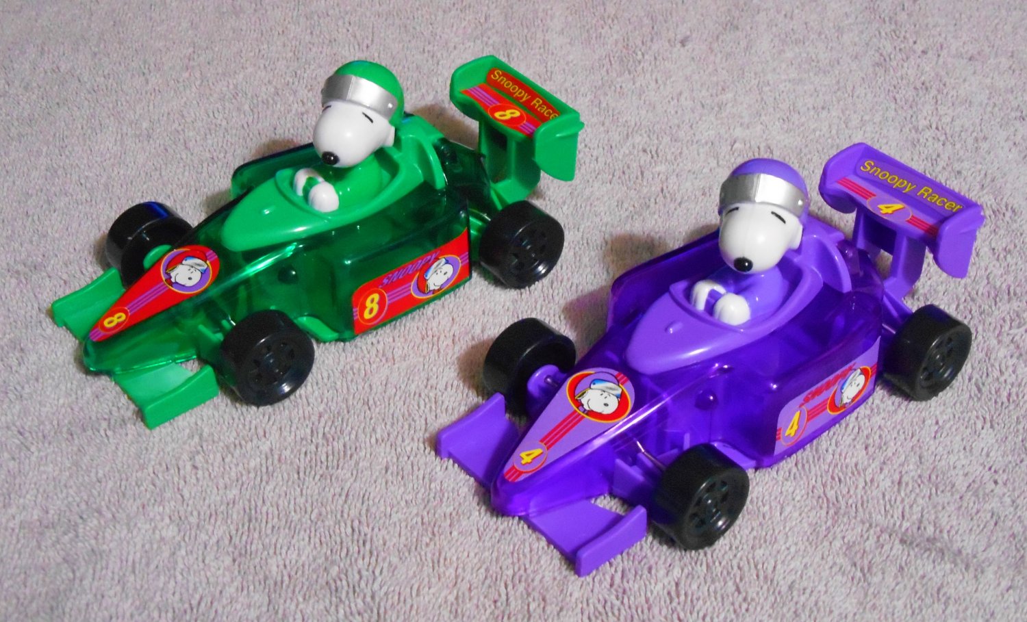 Snoopy 6 Inch Plastic Race Car + Pumpkin Toy Candy Dispensers Purple Green Peanuts Gang UFS