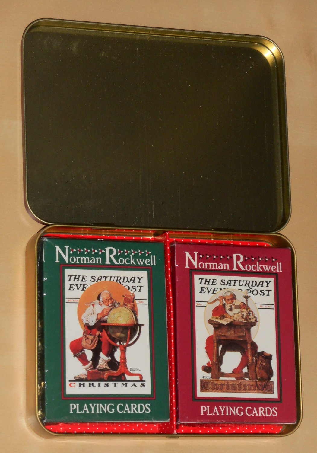 Norman Rockwell Christmas Santa Claus United States Playing Cards 2 Decks Sealed Tin Case 1996