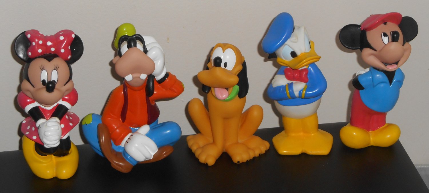 Disney Characters Soft Plastic 5" 6" Squeak Toy Figures Mickey Minnie Mouse Donald Duck Goofy Pluto