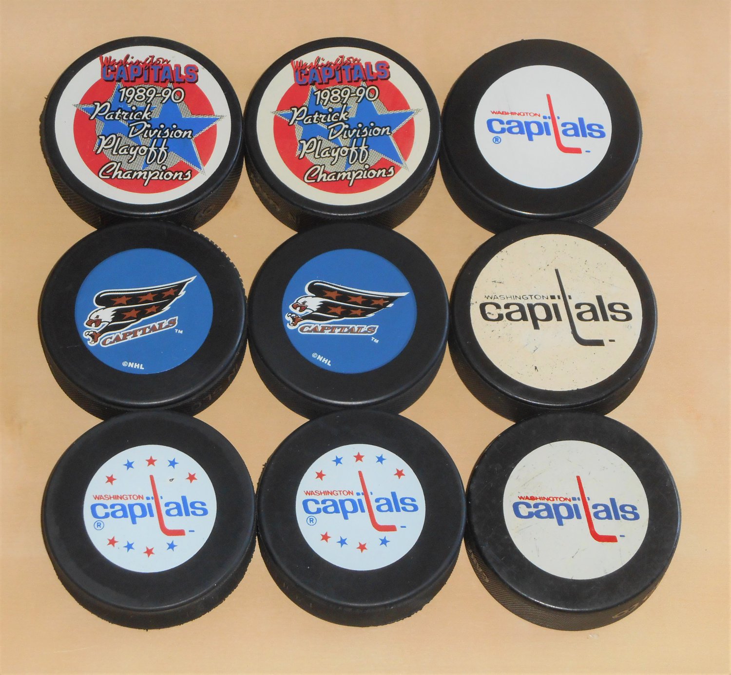Washington Capitals NHL Souvenir Hockey Puck Lot Patrick Champions Mobil Chevy Chase Kay Jewelers