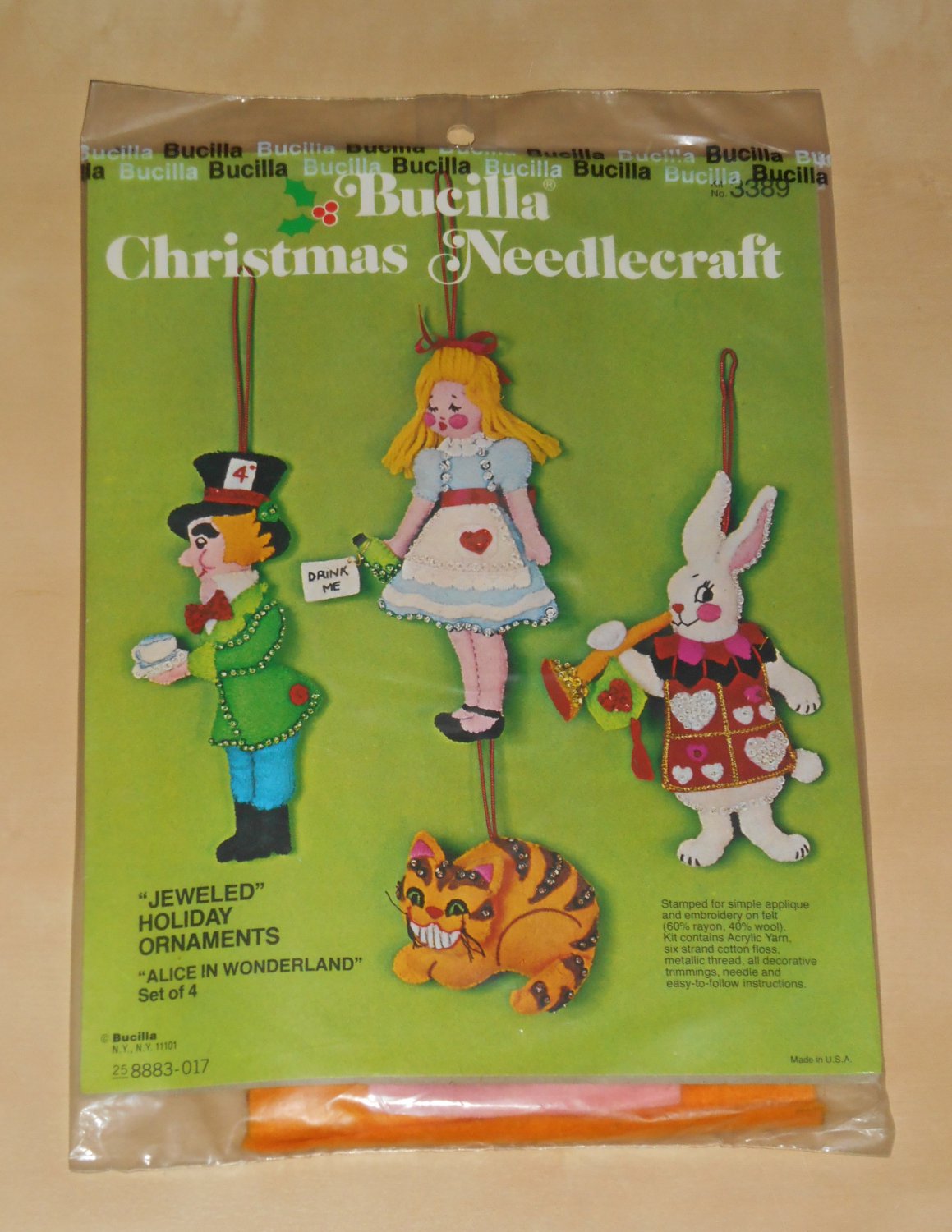 Bucilla 3389 Christmas Needlecraft Kit Alice In Wonderland Jeweled Holiday Ornaments NIP Mad Hatter