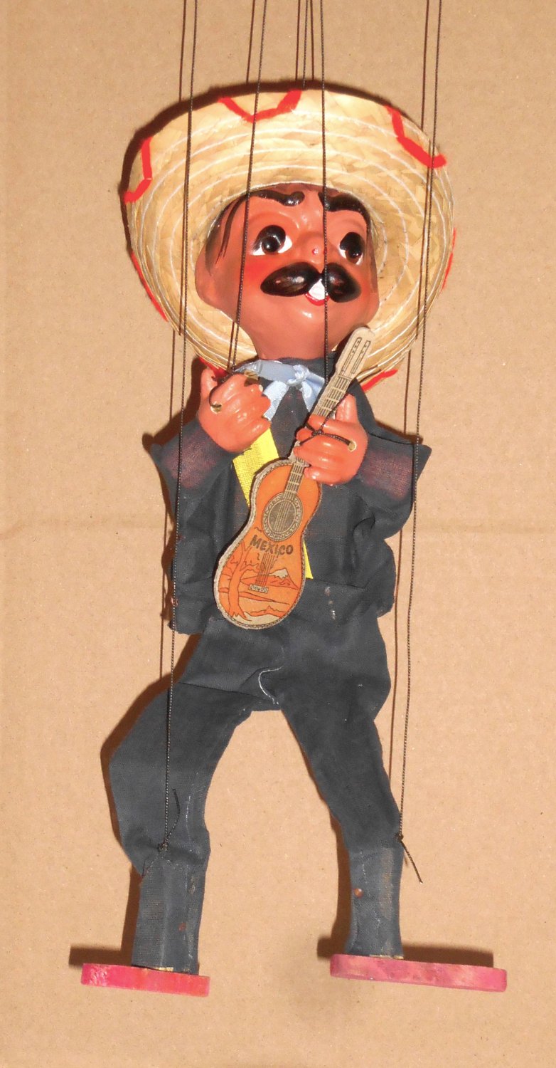 Mexican Paper Mache Marionette Figures Lot of Two Mariachi Guitar Player and Clown