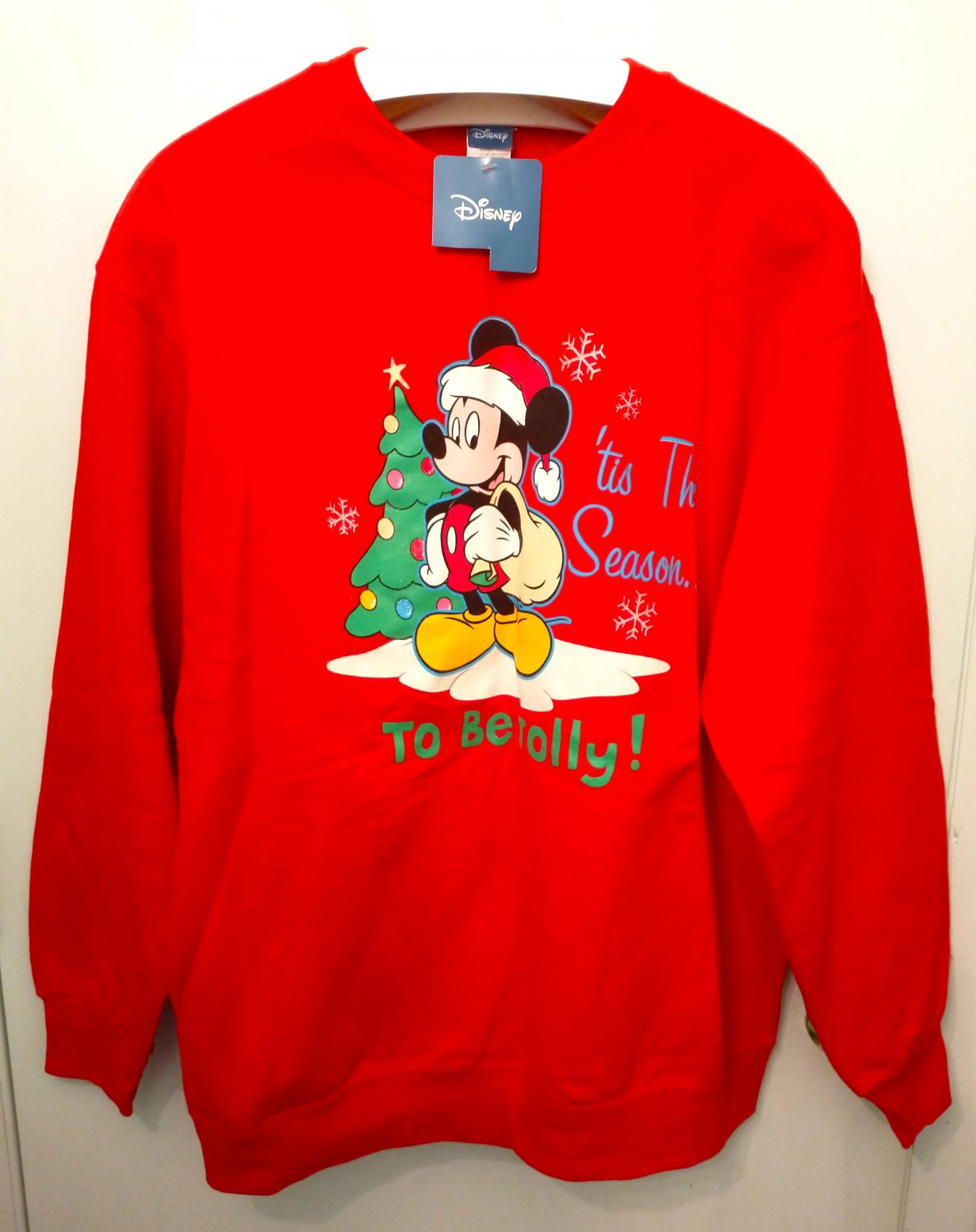 Mickey Mouse Christmas Sweatshirt Large L Tis The Season To Be Jolly Red Long Sleeve Disney NWT