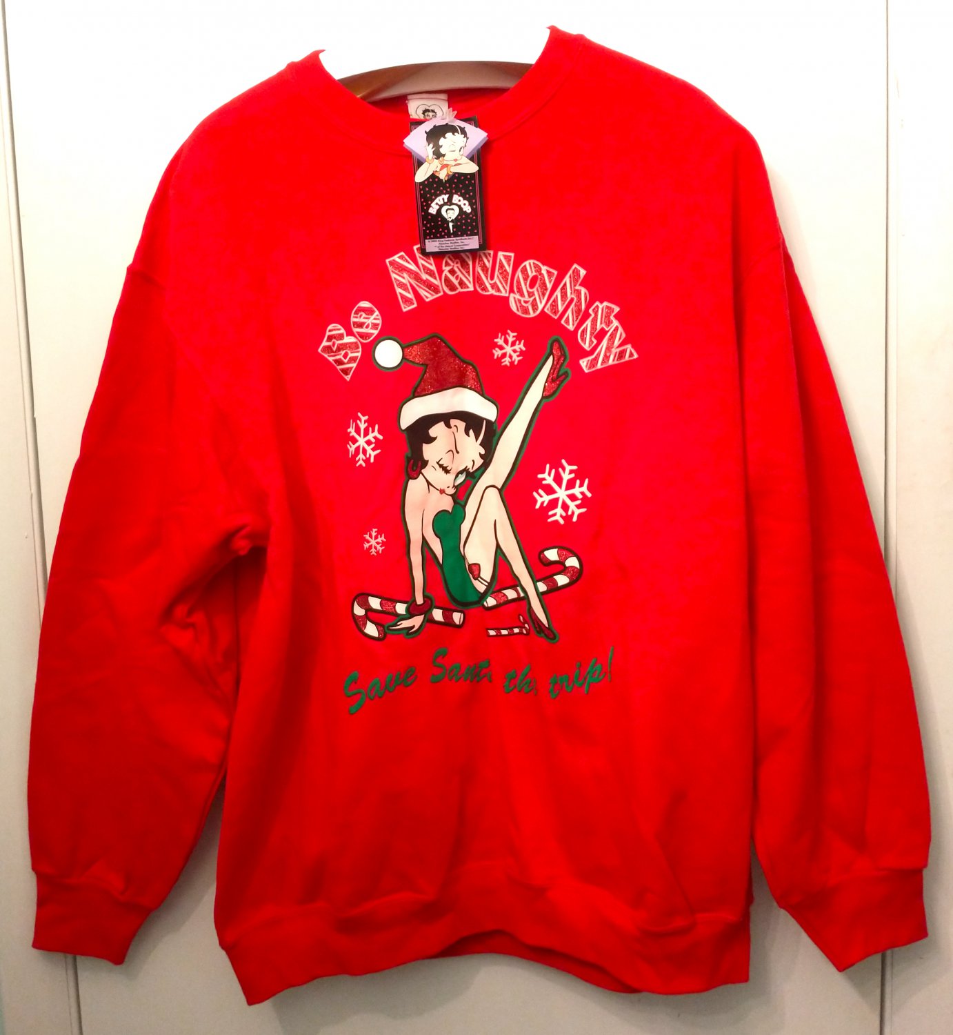Betty Boop Christmas Sweatshirt Extra Large Be Naughty Save Santa The Trip Red Long Sleeve NWT