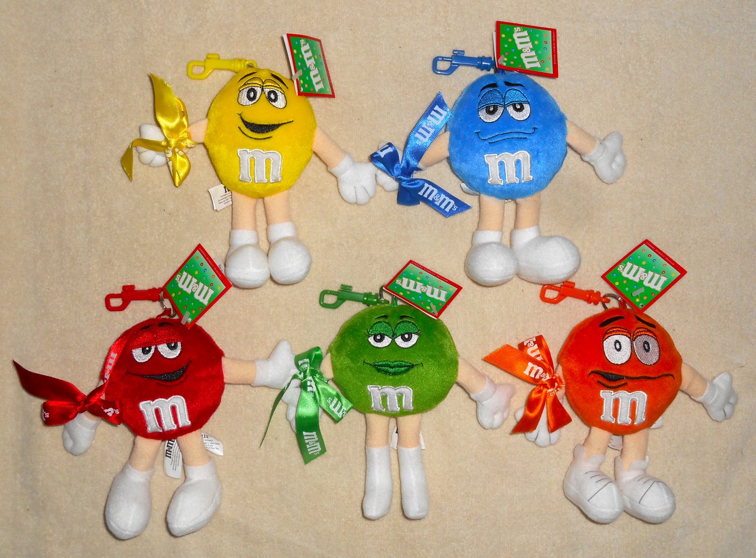 M&M's Brand Plush Toy Clip-On Keychain Lot of Five M&M Orange Red Blue Green Yellow NWT 2003