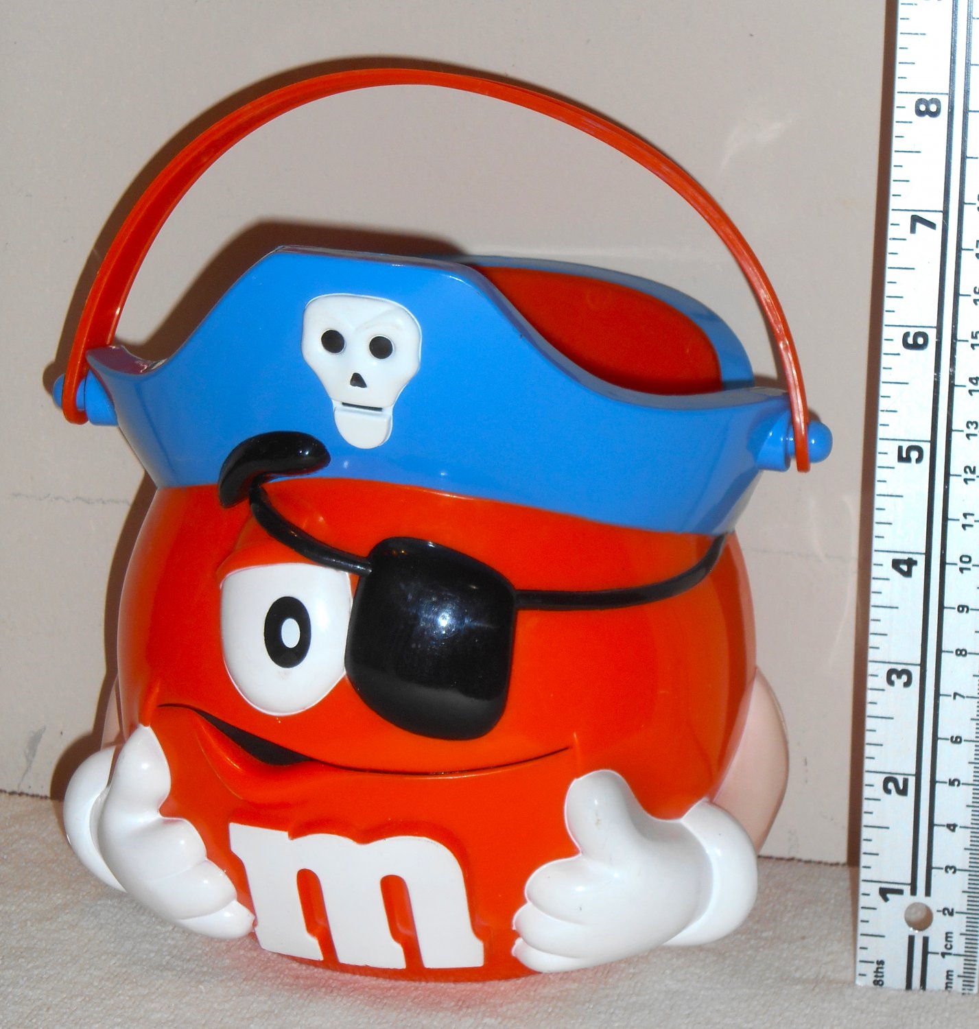 M&M's Orange Plastic Halloween Trick-Or-Treat Handled Bucket Pail Pirate Eye Patch 1999