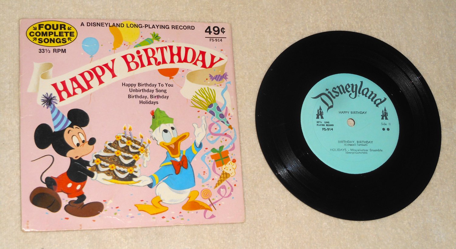 Happy Birthday Disneyland Long Playing Record With Sleeve FS-914 Four Complete Songs 1972