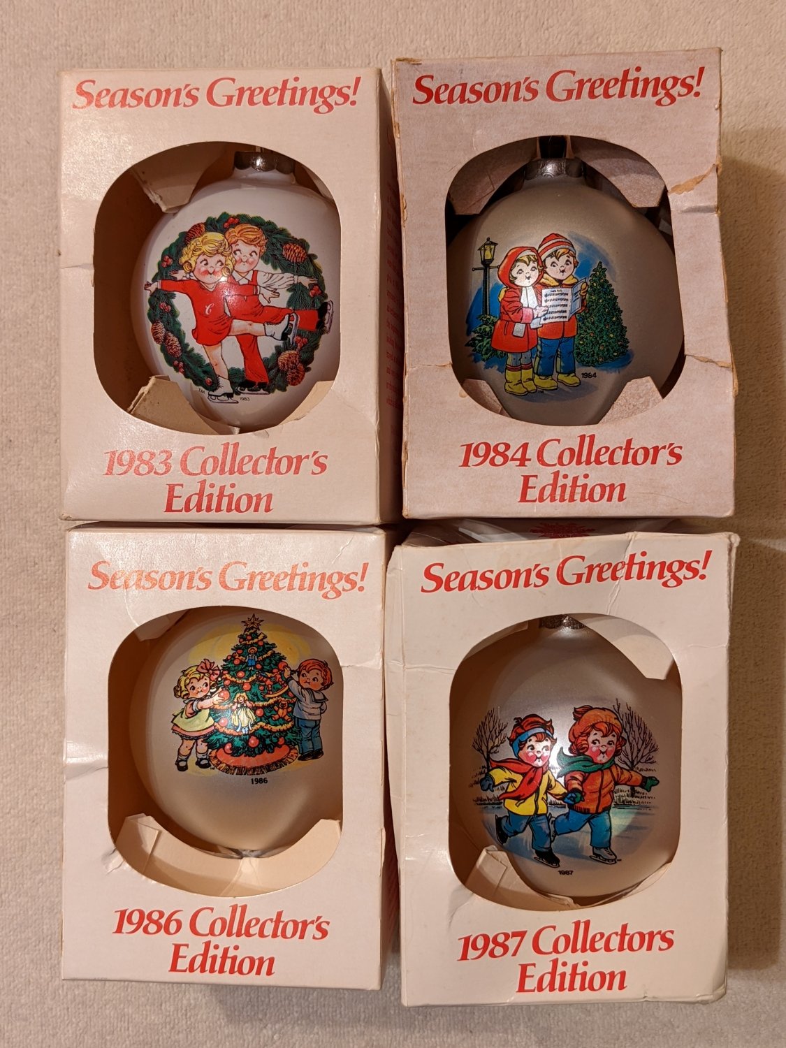 Campbell's Kids Soup Glass Ball Ornaments 1983 1984 1986 1987 Collector's Edition Season's Greetings