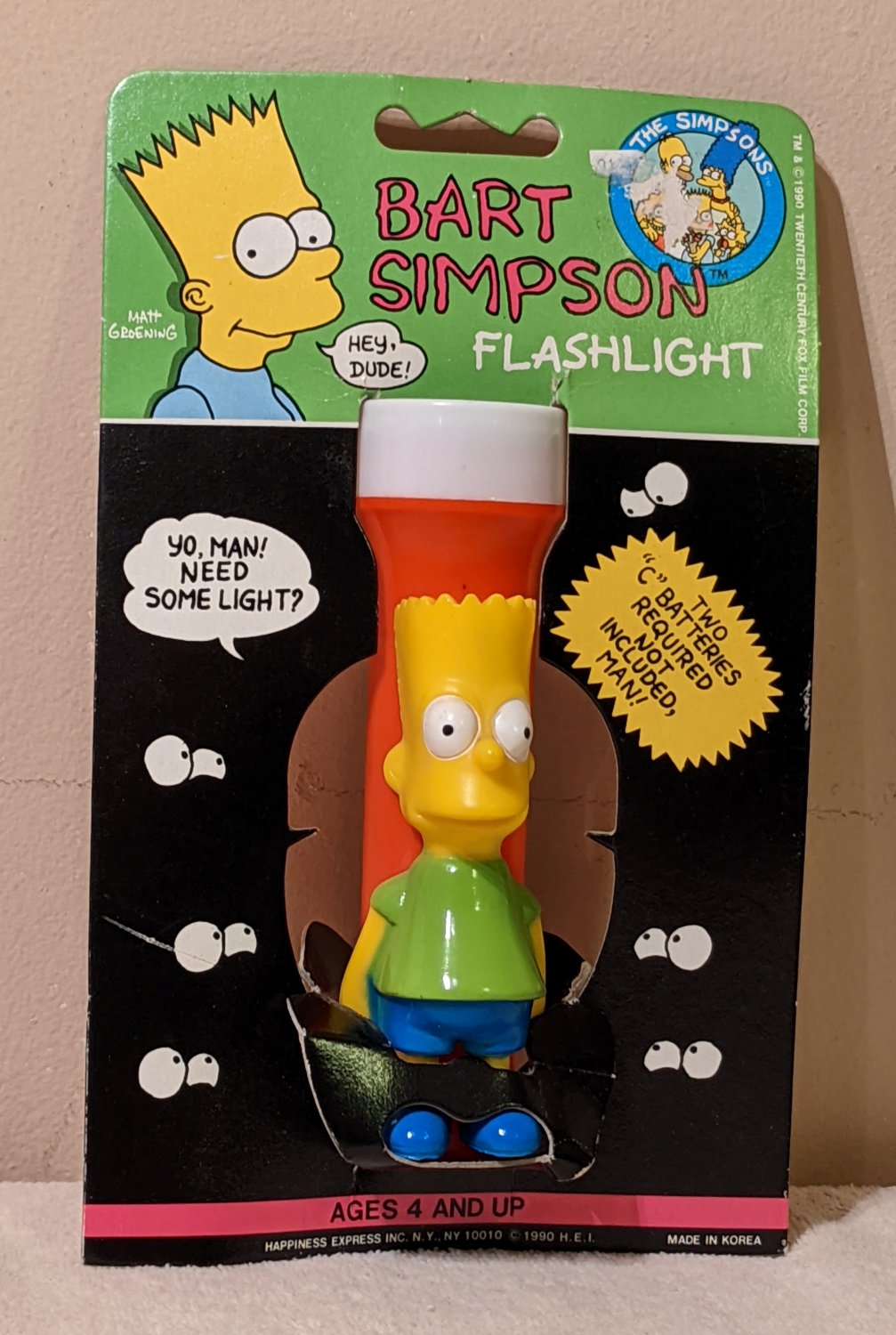 The Simpsons Bart Simpson Flashlight Green Shirt 1990 Happiness Express Never Used