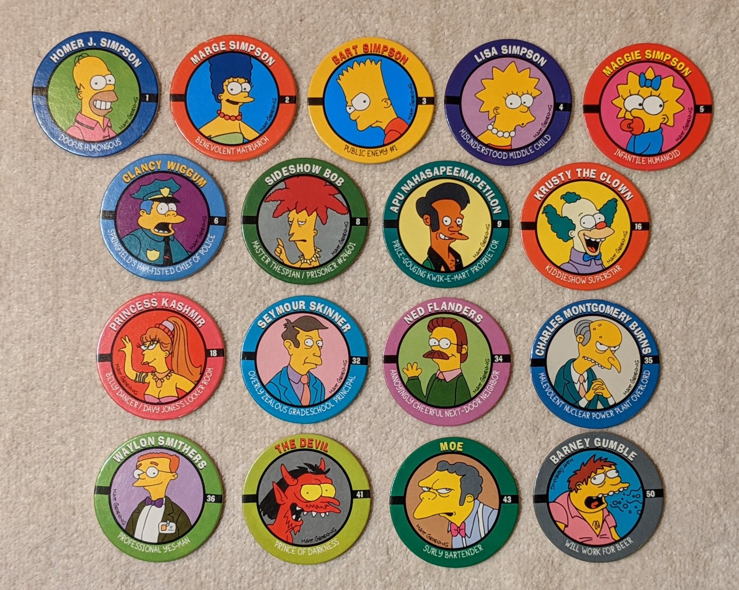 The Simpsons SkyCaps Pogs Bongo Comics 17 Different Tube Container Homer Marge Bart Lisa Maggie 1994