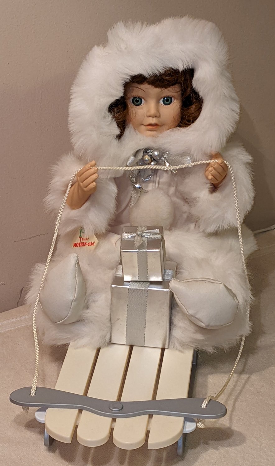 Telco Christmas Silver Sleigh Sled Ride Motion-ettes Animated Display Figure Porcelite Doll 1995