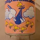 Snoopy Woodstock 6¾ Inch Glass Tumbler Vase Congratulations Stork New Baby Pink Blue Peanuts Gang