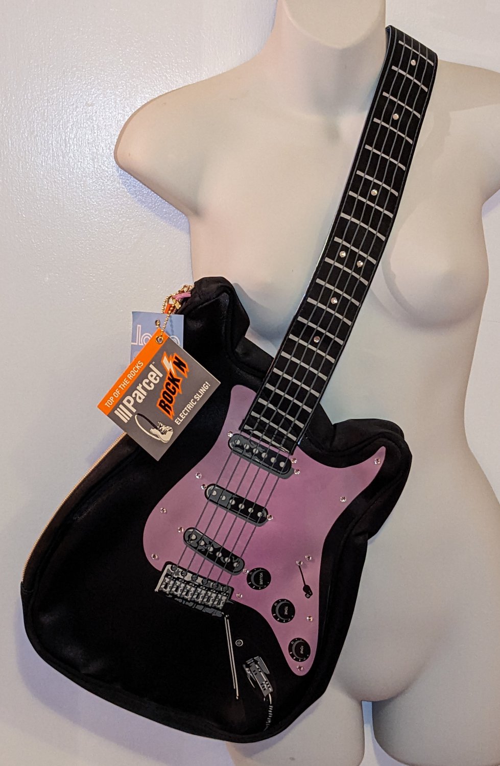Parcel Rock'n Electric Sling Guitar Purse Crossbody Shoulder Bag Steve Madden Purple Black NWT