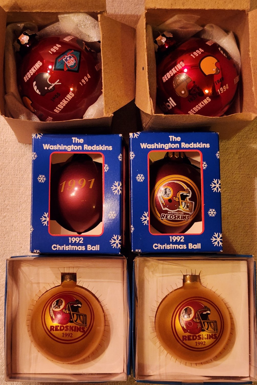 Washington Redskins Glass Ball Ornaments Mobil Gas 75th Helmet Burgundy Gold 1991 1992 1994