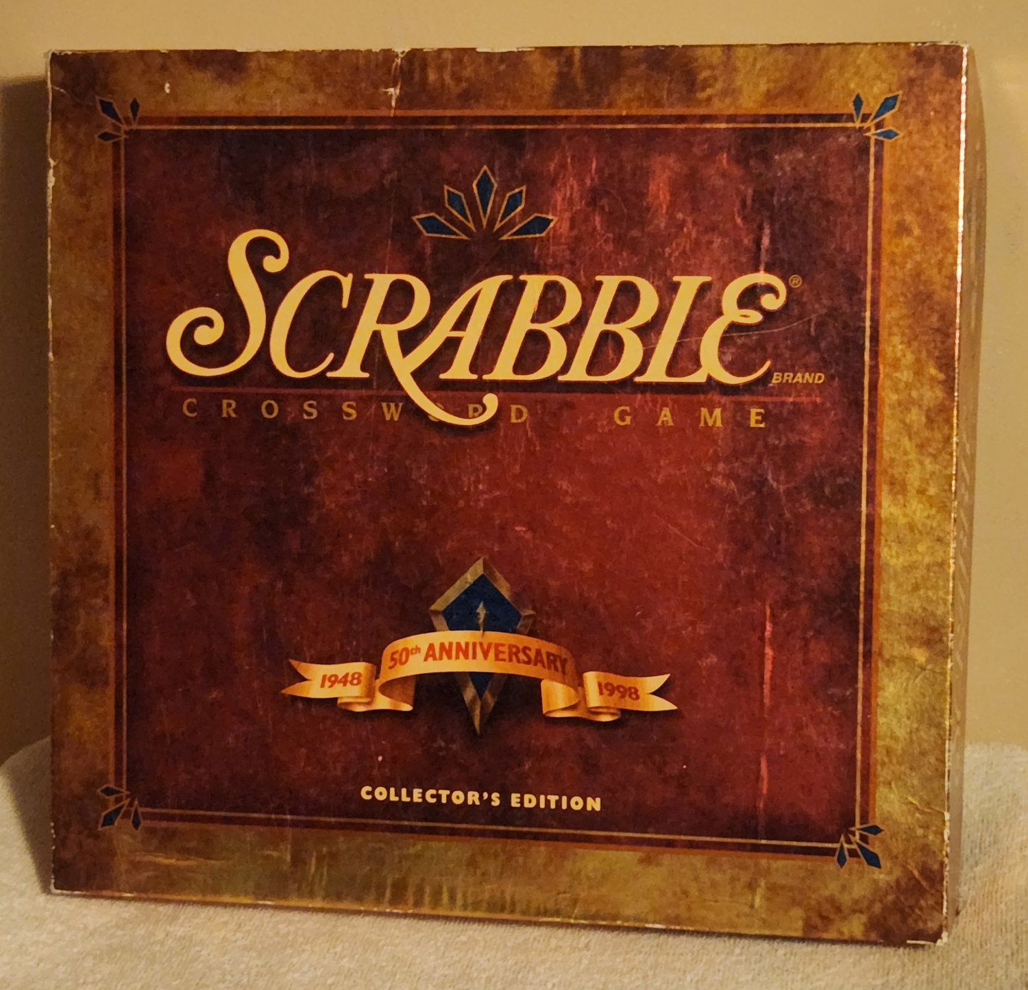 Scrabble 50th Anniversary Collector's Edition Crossword Game 4808 Rotating Turntable Blue Tiles 1998