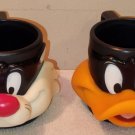 Looney Tunes Plastic 3D Figural Mugs Daffy Duck Sylvester the Cat Applause 1992