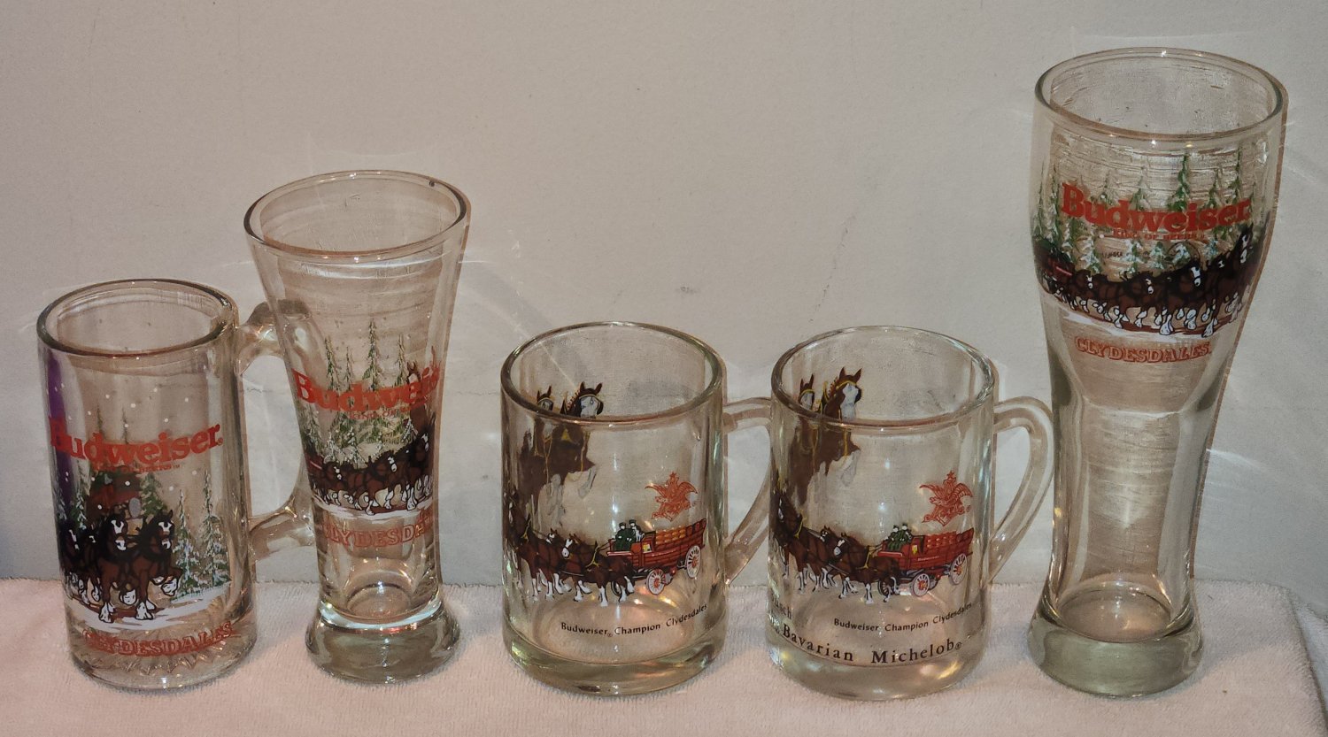Budweiser Champion Clydesdales Beer Glass & Mug Lot of 6 Handled Pilsner Bud Anheuser Busch Horses