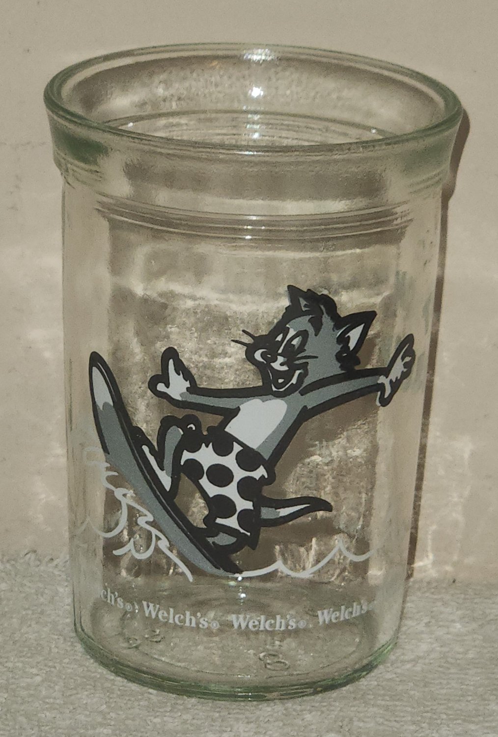 Tom & Jerry 4 Inch Welch's Clear Glass Jar Surfing 1990 Turner Entertainment