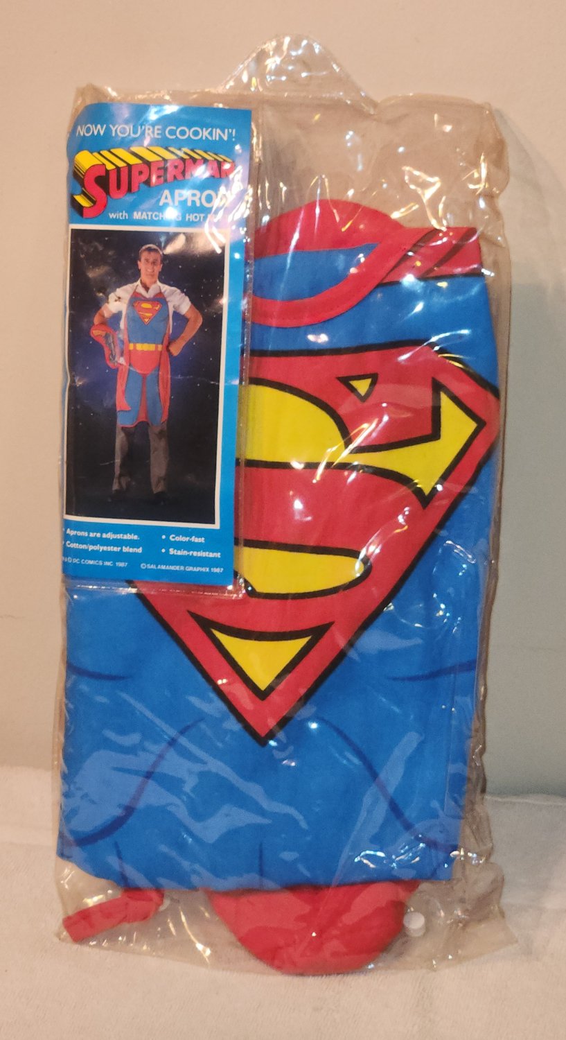 Superman Apron + Hot Oven Mitt Now You're Cookin BBQ Grilling Salamander Graphix 1987 New in Package