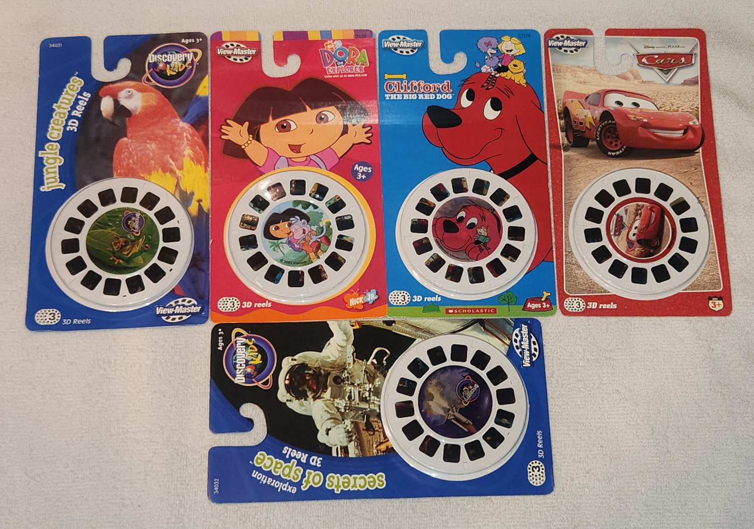 View-Master 3D Reels Five Sets Cars Clifford Dora Jungle Creatures Secrets of Space NIP Fisher Price