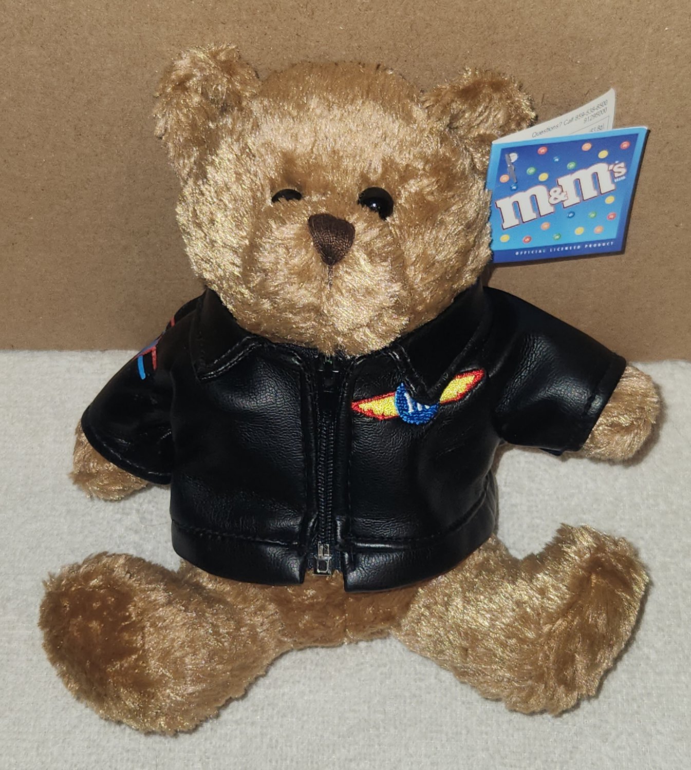 M&M's 7 Inch Plush Teddy Bear Stuffed Toy Aviator Bomber Jacket Vinyl Faux Leather Galerie With Tag
