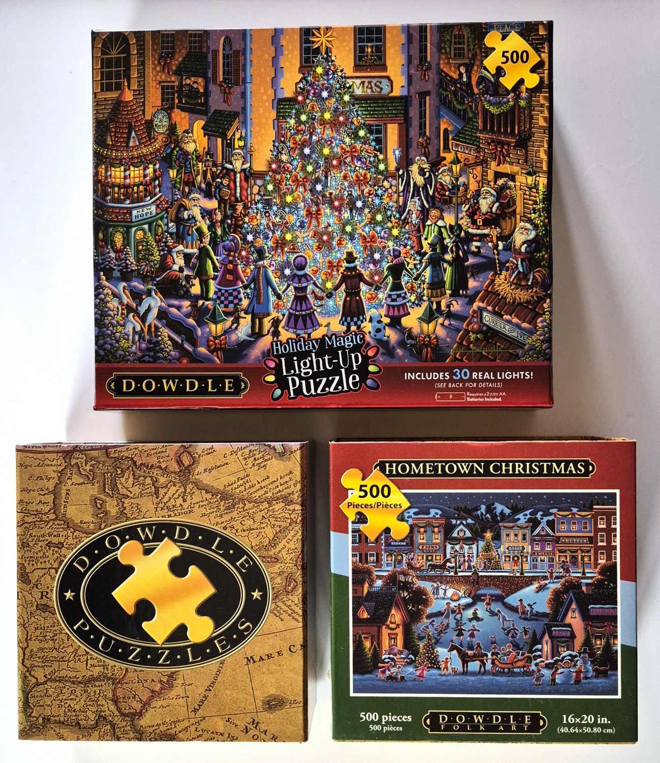 Dowdle 500 Piece Jigsaw Puzzles (4) Sun Valley Hometown Christmas Through Woods Light-Up COMPLETE