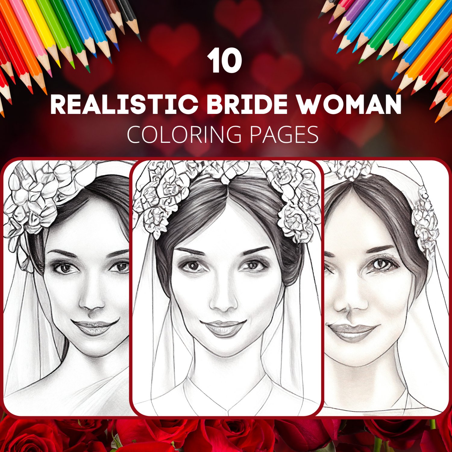 Realistic Bride Women Coloring Pages: 10 Printable Boho Themed Pages for Adult Coloring Books