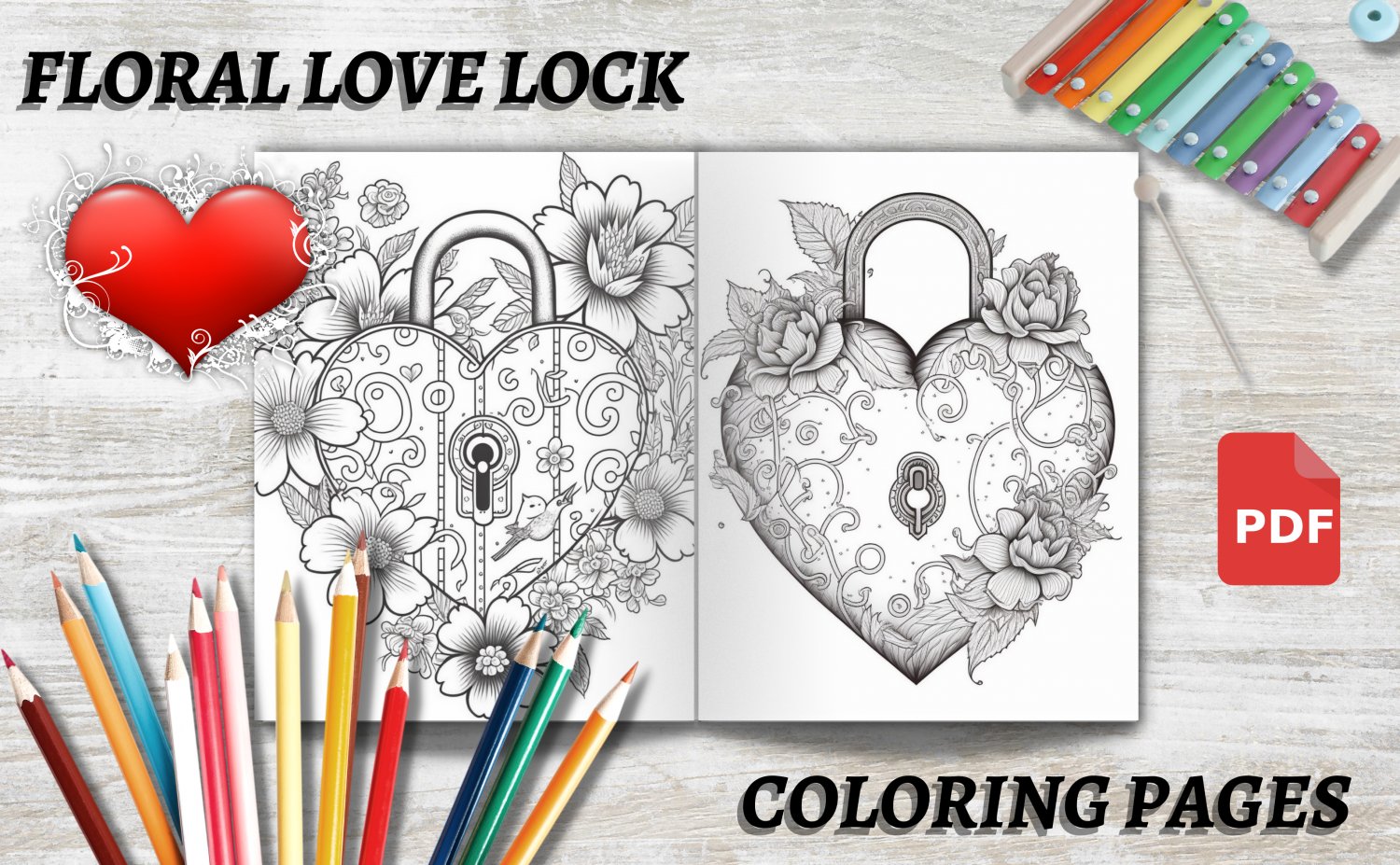 Floral Hearts Love Heart Lock Coloring Pages : Hand-Drawn |for Valentine's Day