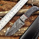 8″ long skinning knife, 4″ full tang blade with gut hook, hand-forged Damascus steel