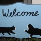 Welcome Wood Sign with cats blue background