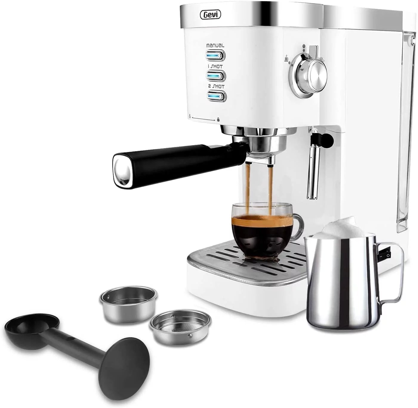 Gevi White Espresso Machine 20-Bar New Latte Cappuccino Maker with Frother, 1.25 L Capacity