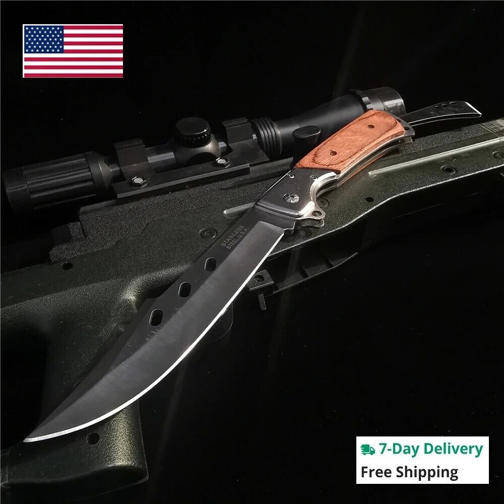 Folding Blade Knife  Steel Wood Handle Folding Survival Outdoor Hunt Pocket Util