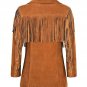 Women Tan Brown Western Style Suede Leather Coat Fringed With Buttons Closure