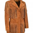 Women Tan Brown Western Style Suede Leather Coat Fringed With Buttons Closure