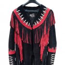 Women Black Suede Leather Jacket With Red Contrast Fringed & Beaded