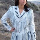 Women Real Leather Jacket Fringed & American Native Bead Work - White