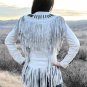 Women Real Leather Jacket Fringed & American Native Bead Work - White