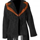 Women Suede Leather American Native Style Jacket Fringed - Black & Brown
